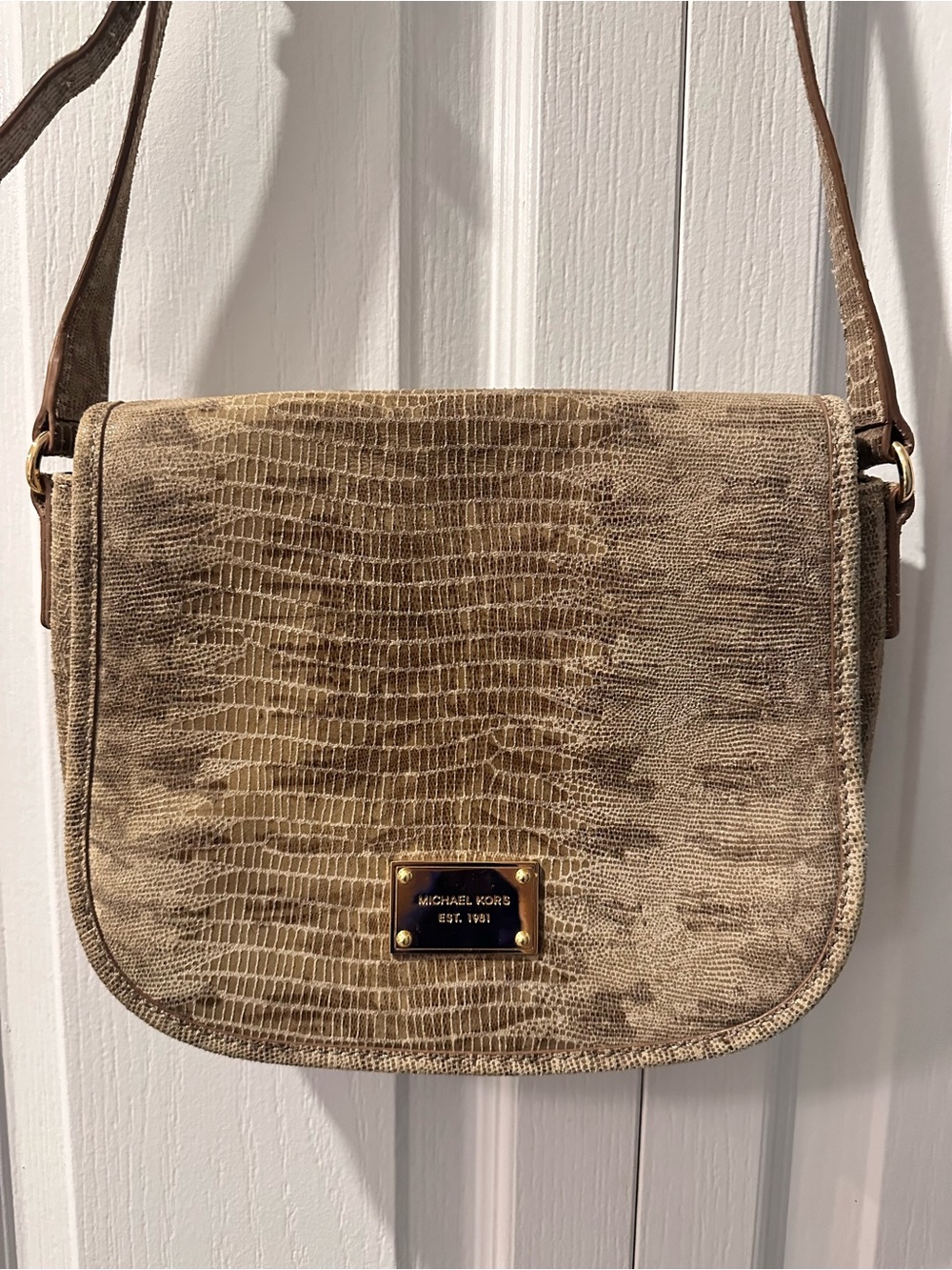 Michael Kors Taupe Croc-Effect Crossbody Bag with Gold Plaque